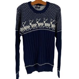 Vintage 80s Navy Blue Nordic Fair Isle Reindeer Knit Crewneck Sweater, Mens Sz L
